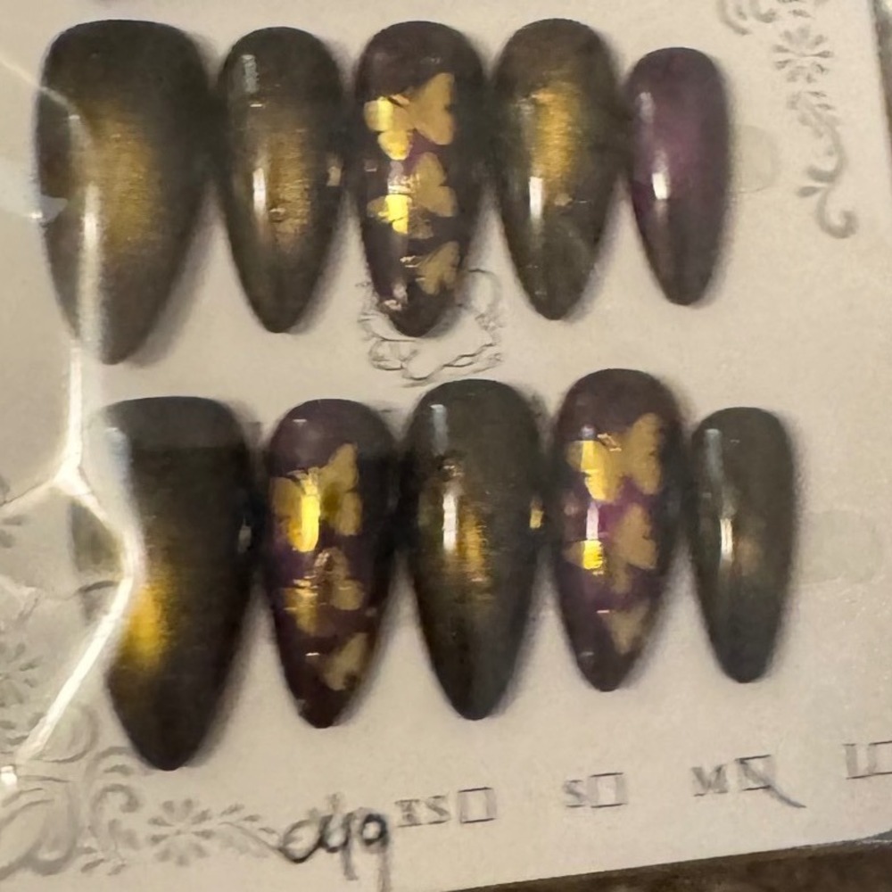 Press on Nails Butterfly Gold‎ Black Purple Almond Shape Medium Length